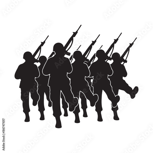 Silhouettes of soldiers marching in formation symbolizing unity and discipline