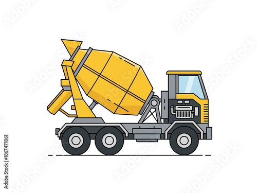 Illustration of a yellow concrete mixer truck used in construction for mixing concrete or cement