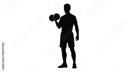 Silhouette of a muscular man lifting dumbbells in a fitness exercise