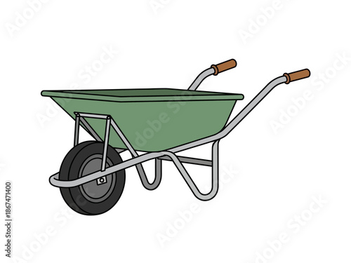 Illustration of a green wheelbarrow, ideal for gardening, construction, and moving heavy items with ease
