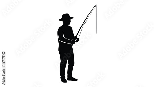 Silhouette of a fisherman with a fishing rod against a white background