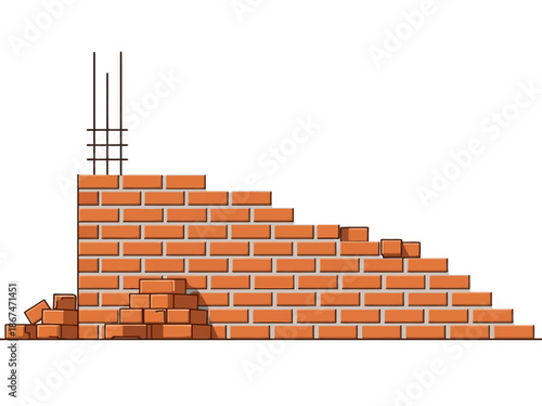 Brick wall construction with exposed rebar and building structure elements illustration