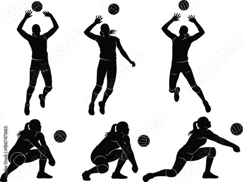 Female volleyball player silhouette collection featuring black vector designs of women athletes serving spiking and bumping balls for sports competition branding graphics.