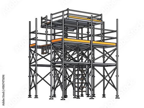 Detailed Rendering of a Complex Metal Scaffolding Structure Against a White Background