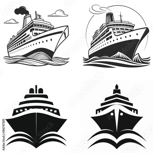 Cruise ship line art and silhouette in black and white with water waves for travel and vacation illustration