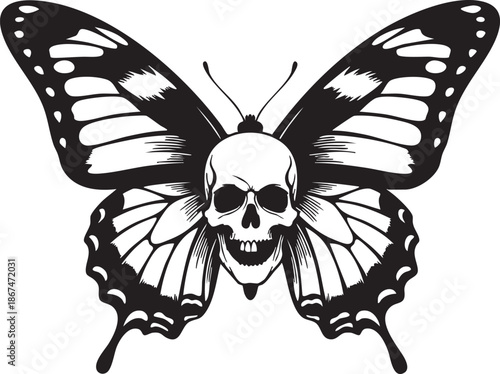 Black and white butterfly with skull silhouette