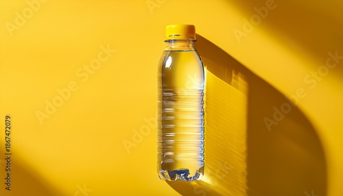 a clear plastic water bottle with a yellow cap stands on a vibrant yellow background casting a shadow the bottle is partially filled with water showing subtle ripples and indentations