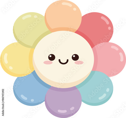 Cute Kawaii Pastel Balloon Flower Character Illustration Isolated on White Background