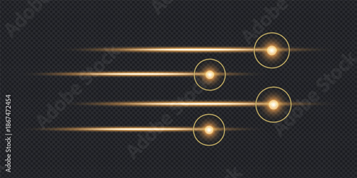 Golden horizontal speed light trails with glowing circular spots on a dark background