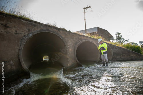 Engineer Conducting Safety Inspection at Drainage Pipe and Water Channel