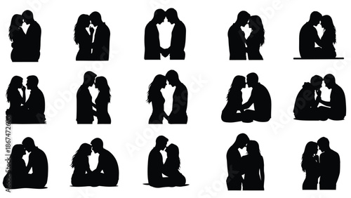 Collection of black silhouette illustrations of couples in romantic poses and intimate moments on white background with love and graphic and vector