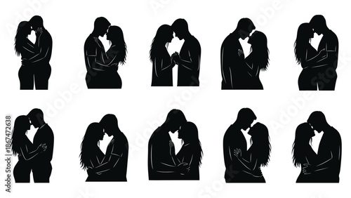 Set of black silhouette illustrations of couples embracing and kissing in various romantic poses on white background with vector and graphic