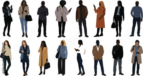 Flat vector illustration of diverse professional men and women standing in stylish casual business outfits holding smartphones and carrying handbags.