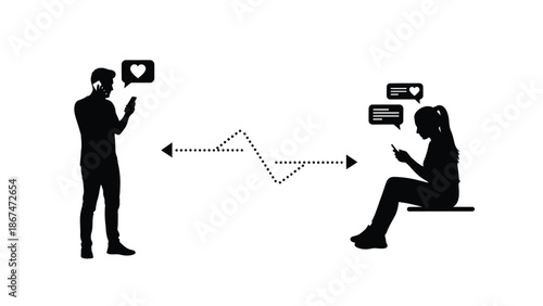 Silhouette of two people communicating through mobile phones with speech bubbles and dotted line on white background with communication and social