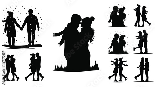 Collection of romantic couple silhouettes in various loving poses and settings with love and relationship and valentine and hugging and dancing