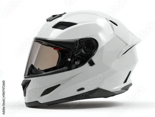 Modern minimalist motorcycle helmet design in sleek white finish, showcasing aerodynamic shape and advanced safety features, perfect for riders seeking style and protection with copy space