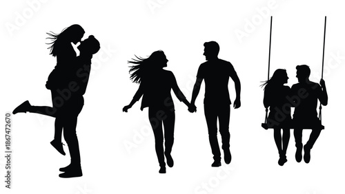 Silhouette illustration of four romantic couples in various loving poses and activities on white background with love and romance and relationship