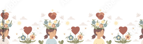 Mental Health Seamless Border. Concept Girl Head with Blooming Flowers, Heart Handshake and White Dove. Horizontal Flat Vector Illustration. Kids Wellness Web Divider and Tape Design. Not AI