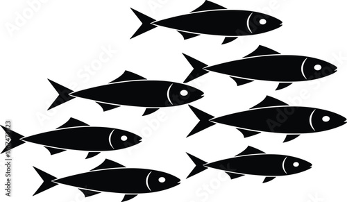 School of fish silhouette collection featuring black vector designs of swimming sea animals for marine life ocean wildlife and underwater aquatic branding.