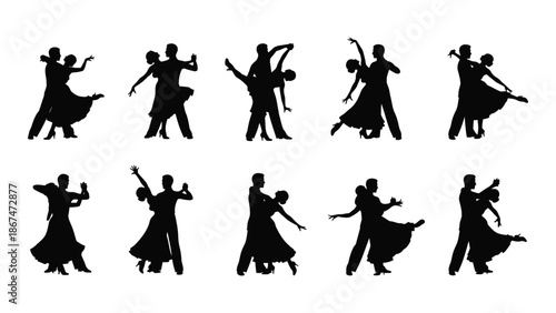 Silhouettes of ballroom dancers in various elegant poses and formations