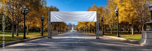Blank White Banner Mockup in Beautiful Autumn Park Path