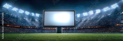 Large Blank Screen on Soccer Field in Crowded Stadium at Night