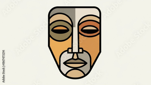 A stylized illustration of a human face divided into colorful sections with bold lines and geometric shapes on a beige background