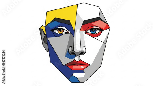 A colorful geometric illustration of a human face divided into contrasting sections with yellow hair and red lips