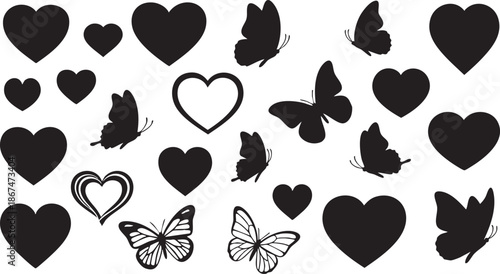 Black and white silhouettes of hearts and butterflies on white background 1