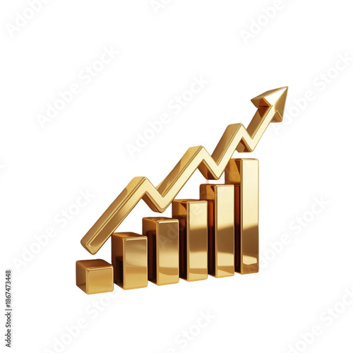 A 3D rendered business growth chart in metallic gold against a pure white background