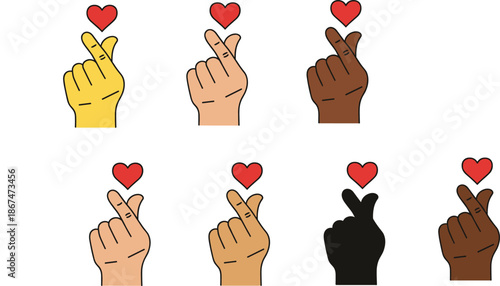 Finger heart icon collection featuring colorful vector designs of Korean k-pop hand gestures with various skin tones and red hearts for love.