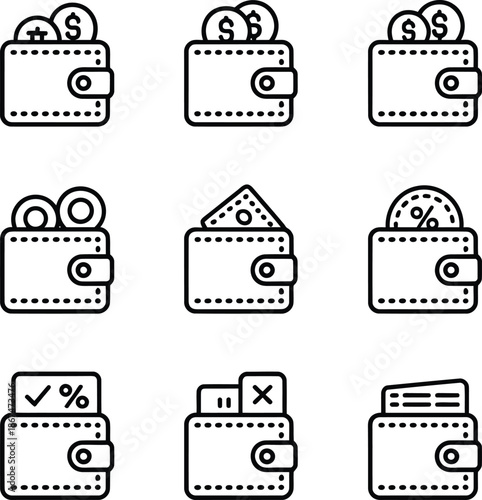 Black-and-white wallet icon vector grid featuring coins, cards, bills, and financial symbols in clean line-art style.