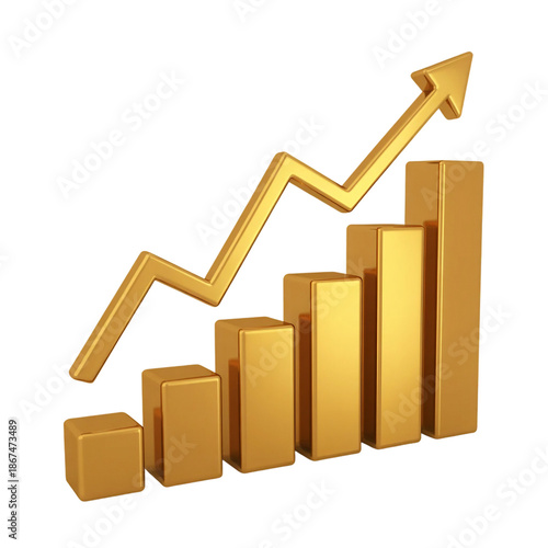 A 3D rendered business growth chart in metallic gold against a pure white background