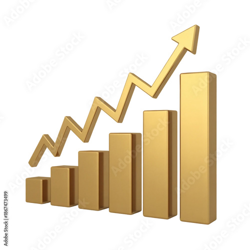 A 3D rendered business growth chart in metallic gold against a pure white background