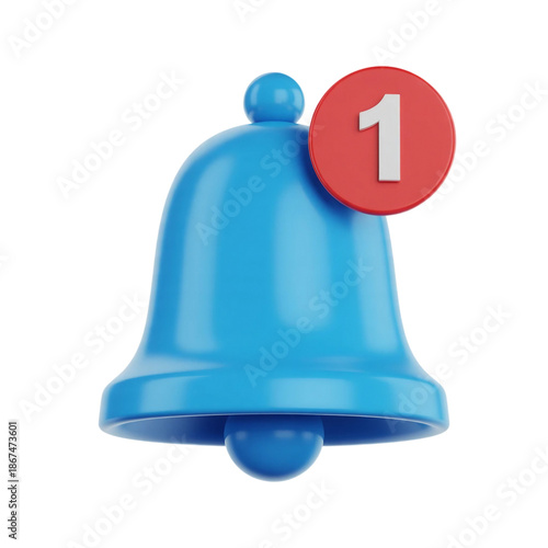 3d blue bell icon with notification icon isolated on transparent background, png. Social media notification, new message 