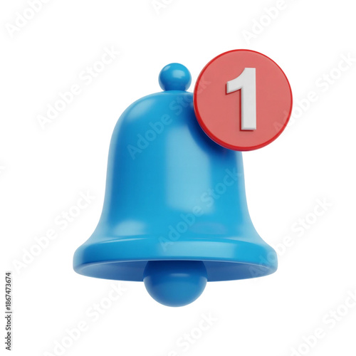 3d blue bell icon with notification icon isolated on transparent background, png. Social media notification, new message 