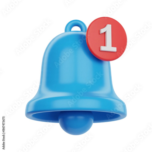 3d blue bell icon with notification icon isolated on transparent background, png. Social media notification, new message 