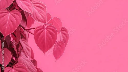 Vibrant pink heart-shaped leaves of a plant against a monochromatic pink background, creating a serene and artistic botanical composition.