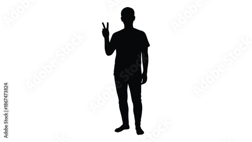 Silhouette of a person making a peace sign with their hand raised