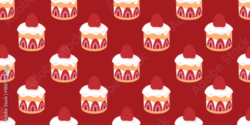 Valentine’s Day seamless cupcake pattern with pink icing on red background. Romantic texture for wrapping paper, greeting cards, bakery branding, textiles, wallpapers, packaging and february promos.
