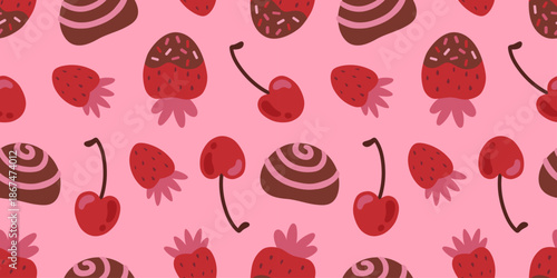Valentine’s Day seamless pattern on pink with strawberries, cherries and cakes. Romantic sweet background for wrapping paper, cards, textiles, wallpapers, packaging, invitations and web banners.
