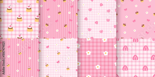 Valentine’s Day seamless pattern set in pink tones: cupcakes, donuts, strawberries, cherries, bows, hearts and sprinkles. Romantic backgrounds for wrapping, cards, textiles and packaging in february!!