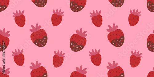 Valentine’s Day seamless strawberry pattern on pink background with scattered red berries. Romantic sweet vibe for wrapping paper, cards, textiles, wallpapers, packaging and web banners in february