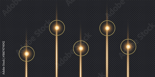 Radiant golden light beams with bright circular glows, illuminating a modern abstract design