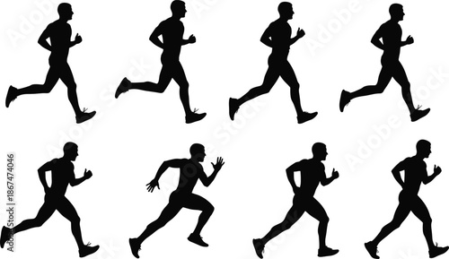 Male runner silhouette collection featuring black vector designs of men athletes sprinting jogging and marathon racing for sports fitness and healthy lifestyle.