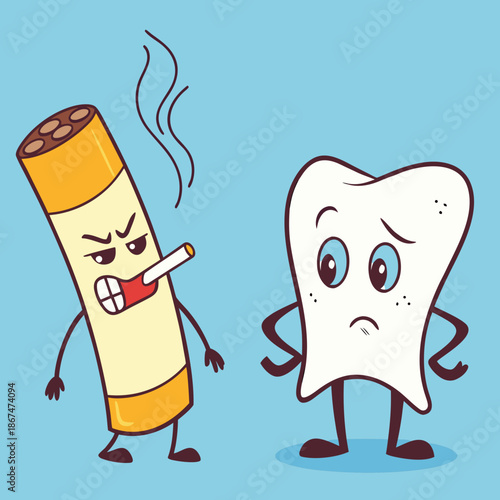 A worried cartoon tooth faces an angry cigarette character, visually warning about smoking’s harmful effects on dental health.