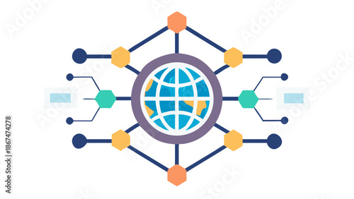 A central globe icon surrounded by multiple interlocking hexagonal nodes and circuit lines, illustrating the global and interconnected nature of the DeFi ecosystem.