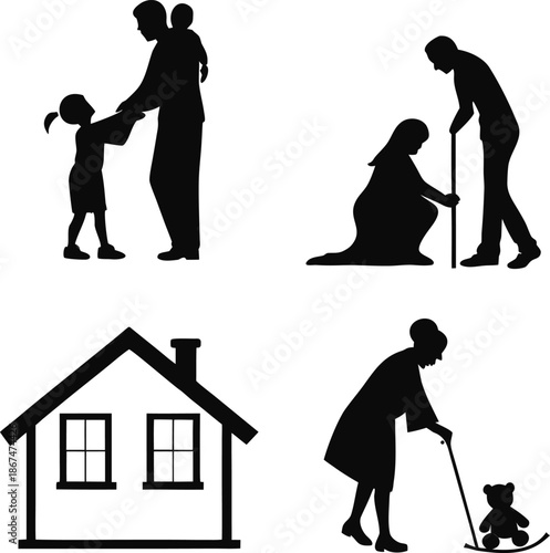 Family and home care silhouettes for social issues and support concepts