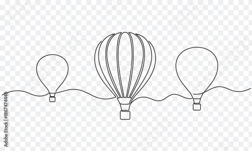 Continuous Single Line Drawing of Hot Air Balloons Flying, Minimalist Vector Art Illustration for Travel, Adventure and Freedom Concept, Modern Linear Graphic Design Element