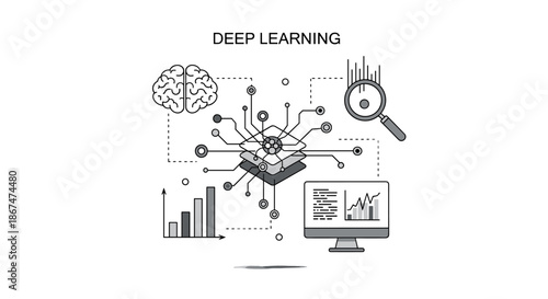 Brain illustration with circuit board elements, bar graph, and dashed lines on a white background, representing data and technology